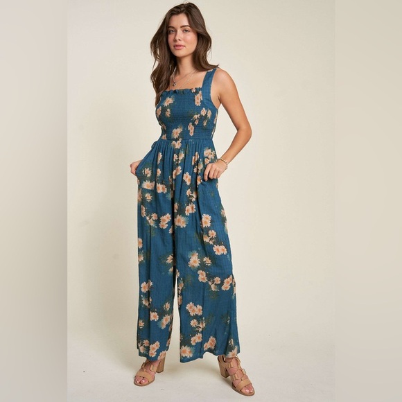 149B. Floral Smocked Bodice Jumpsuit - Teal Blue - Picture 1 of 9